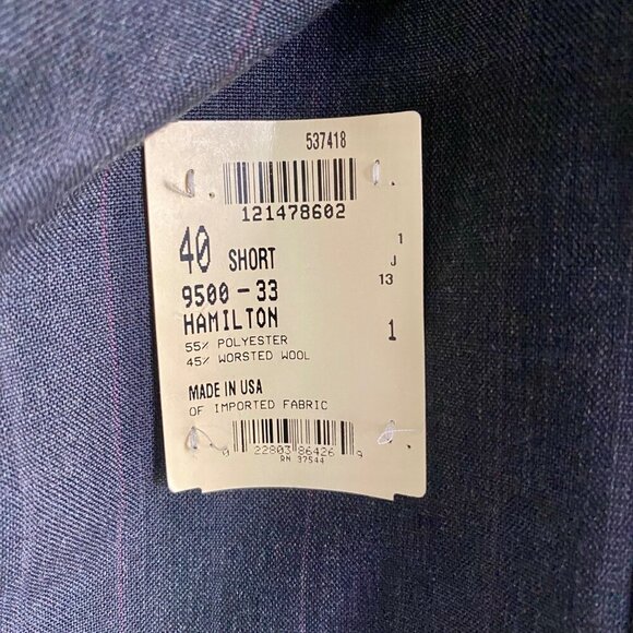 Hamilton 2-Piece Suit 40S Blazer and 33R Pants Polyester Worsted Wool NEW NWT - Picture 6 of 14